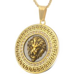 **COI Titanium Gold Tone/Silver Lion Greek Key Pendant With Cubic Zirconia-9278AA