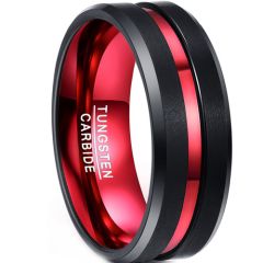 **COI Tungsten Carbide Black Red Center Groove Beveled Edges Ring-9309AA