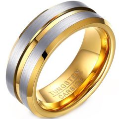 **COI Tungsten Carbide Gold Tone Silver Center Groove Beveled Edges Ring-9337BB