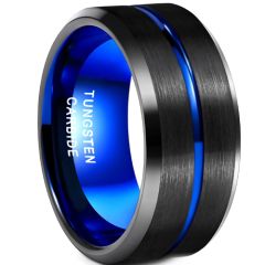 **COI Tungsten Carbide Black Blue 10mm Center Groove Beveled Edges Ring-9345BB