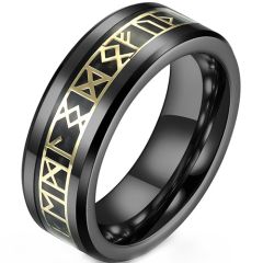 **COI Tungsten Carbide Black Gold Tone Runes Beveled Edges Ring With Carbon Fiber-9350AA