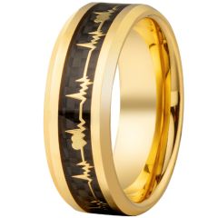 **COI Gold Tone Tungsten Carbide Heartbeat & Heart Beveled Edges Ring With Carbon Fiber-9358AA