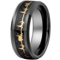 **COI Black Tungsten Carbide Gold Tone Heartbeat & Heart Beveled Edges Ring With Carbon Fiber-9359AA