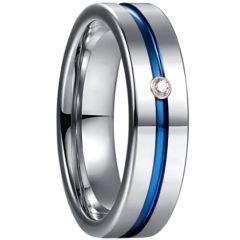 **COI Tungsten Carbide Blue Silver Center Groove Ring With Cubic Zirconia-9372BB