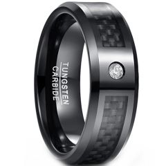 **COI Black Tungsten Carbide Carbon Fiber Beveled Edges Ring With Cubic Zirconia-9387BB