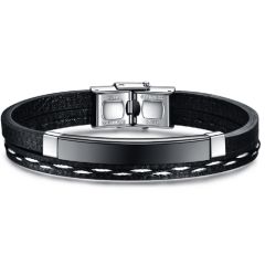 **COI Titanium Black Silver Genuine Leather Bracelet With Steel Clasp(Length: 8.07 inches)-9423AA
