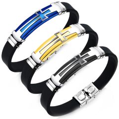 **COI Titanium Black/Gold Tone/Blue Silver Cross Bracelet With Steel Clasp(Length: 7.87 inches)-9440AA