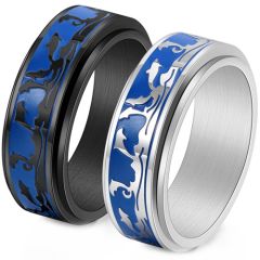 **COI Titanium Black/Silver Blue Dolphin Step Edges Ring-9444AA