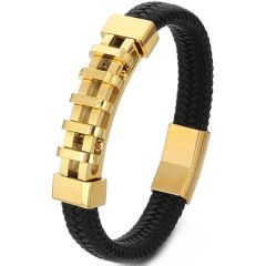 **COI Titanium Gold Tone/Silver Genuine Leather Bracelet With Steel Clasp(Length: 8.27 inches)-9475AA