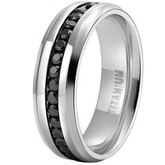 **COI Titanium Beveled Edges Ring With Black Cubic Zirconia-9489AA