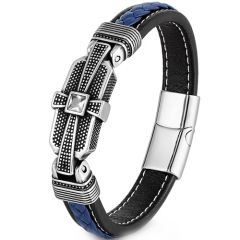 **COI Titanium Black Silver Cross Cubic Zirconia Genuine Leather Bracelet With Steel Clasp(Length: 8.27 inches)-9506AA