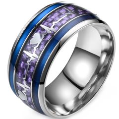 **COI Titanium Blue Purple Silver Heartbeat & Heart Dome Court Ring With Carbon Fiber-9518AA