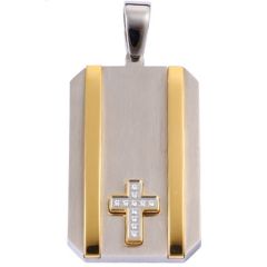 **COI Titanium Gold Tone Silver Cross Tag Pendant With Cubic Zirconia-9532AA
