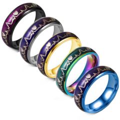 **COI Titanium Black/Gold Tone/Silver/Blue Heartbeat & Heart Ring-9658AA