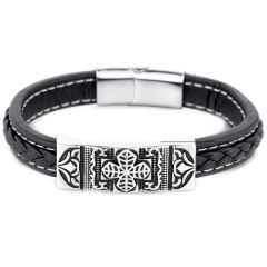 **COI Titanium Black Silver Cross Genuine Leather Bracelet With Steel Clasp(Length: 8.07 inches)-9666AA
