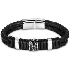 **COI Titanium Black Silver Genuine Leather Bracelet With Steel Clasp(Length: 8.66 inches)-9667AA