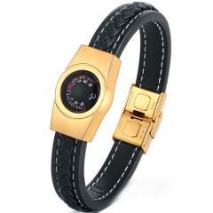 **COI Titanium Black/Gold Tone/Silver Thermometer Genuine Leather Bracelet With Steel Clasp(Length: 8.27 inches)-9668AA