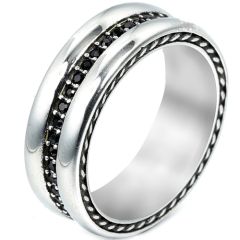 **COI Titanium Black Silver Ring With Black Cubic Zirconia-9688AA
