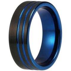 **COI Tungsten Carbide Black Blue Offset Double Grooves Pipe Cut Flat Ring-9707AA