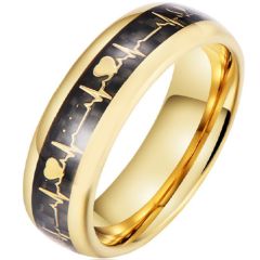 **COI Gold Tone Tungsten Carbide Heartbeat & Heart Dome Court Ring With Carbon Fiber-9708AA
