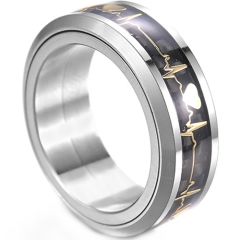 **COI Tungsten Carbide Gold Tone Heartbeat & Heart Beveled Edges Ring With Carbon Fiber-9730AA