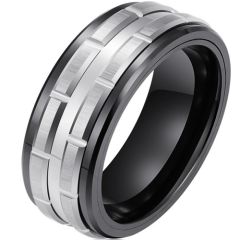 **COI Tungsten Carbide Black Silver Tire Tread Brick Pattern Ring-9739AA