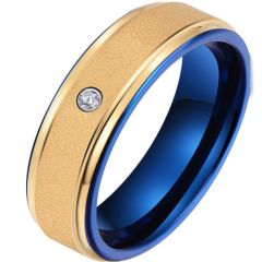 **COI Tungsten Carbide Blue Gold Tone Step Edges Ring With Cubic Zirconia-9741AA