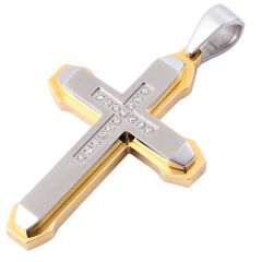 **COI Titanium Gold Tone Silver Cross Pendant With Cubic Zirconia-9751AA