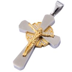 **COI Titanium Gold Tone Silver Jesus Cross Pendant With Cubic Zirconia-9752AA