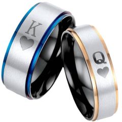 **COI Titanium Blue/Rose Silver King Queen Heart Step Edges Ring-9761AA