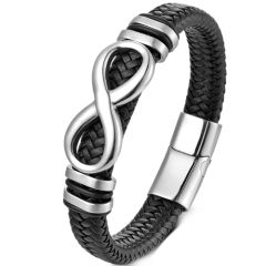 **COI Titanium Black/Gold Tone/Silver Infinity Genuine Leather Bracelet With Steel Clasp(Length: 9.06 inches)-9774AA