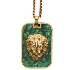 **COI Titanium Gold Tone/Silver Green Malachite Lion Pendant-9780AA