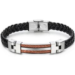 **COI Titanium Silver Black/Gold Tone/Rose Wire Black Genuine Leather Bracelet With Steel Clasp(Length: 8.27 inches)-9793AA