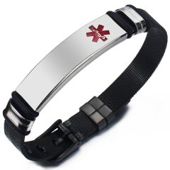 **COI Titanium Medical Alert Black Rubber Bracelet With Steel Clasp(Length: 9.06 inches)-9795AA