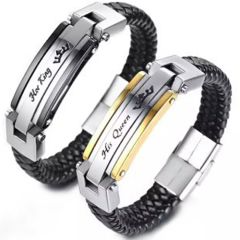 **COI Titanium Black/Gold Tone Silver King Queen Crown Black Genuine Leather Bracelet With Steel Clasp(Length: 8.27 inches)-9796AA