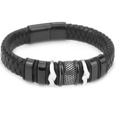 **COI Titanium Black Silver Black Genuine Leather Bracelet With Steel Clasp(Length: 8.66 inches)-9797AA