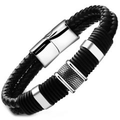 **COI Titanium Black Silver Black Genuine Leather Bracelet With Steel Clasp(Length: 8.66 inches)-9799AA