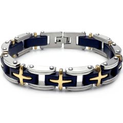 **COI Titanium Gold Tone Black Silver Cross Bracelet With Steel Clasp(Length: 8.27 inches)-9802AA