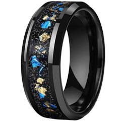 **COI Tungsten Carbide Black/Rose/Gold Tone/Silver Beveled Edges Ring With Black Meteorite and Gold Foil-9836AA