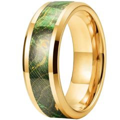 **COI Tungsten Carbide Black/Gold Tone/Rose/Silver/Blue Beveled Edges Ring With Green Wood-9851