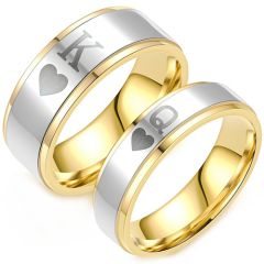 **COI Titanium Gold Tone Silver King Queen & Heart Step Edges Ring-9900AA