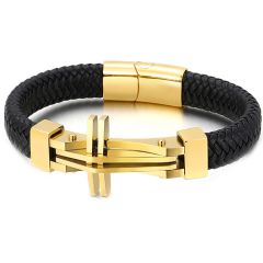 **COI Titanium Black/Gold Tone/Silver Cross Genuine Leather Bracelet With Steel Clasp(Length: 8.46 inches)-9915AA