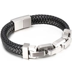 **COI Titanium Gold Tone/Silver Black Genuine Leather Bracelet With Steel Clasp(Length: 8.46 inches)-9916AA