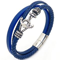 **COI Titanium Anchor Black/Blue Genuine Leather Bracelet With Steel Clasp(Length: 8.27 inches)-9922AA