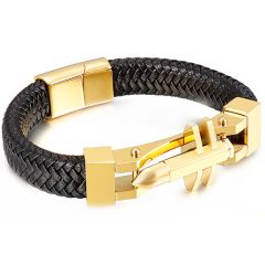 **COI Titanium Gold Tone/Silver Cross Black Genuine Leather Bracelet With Steel Clasp(Length: 8.27 inches)-9923AA