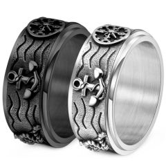 **COI Titanium Black/Silver Anchor & Wave Step Edges Ring-9949AA