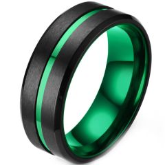 COI Titanium Black Green Center Groove Beveled Edges Ring-1521