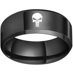 COI Titanium Black/Silver Marvel Skull Punisher Beveled Edges Ring-1261