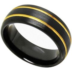 **COI Tungsten Carbide Black Gold Tone Double Grooves Dome Court Ring-TG3693