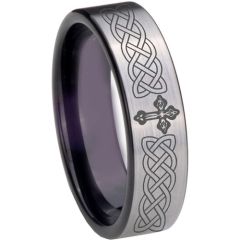 COI Tungsten Carbide Black Silver Cross Celtic Dome Court Ring-TG4022